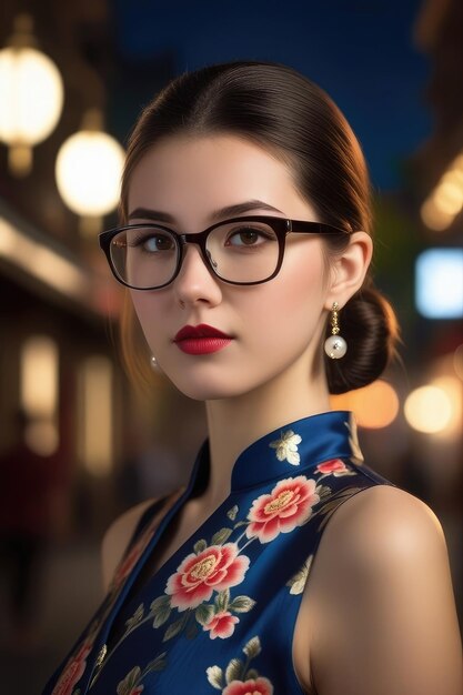 Una chica bonita está usando Cheongsam en el fondo de la ciudad de medianoche