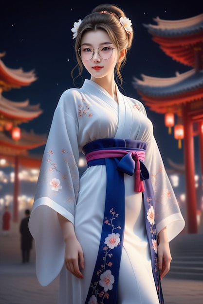 Foto una chica bonita en hanfu y gafas está de pie en una ciudad por la noche en estilo de dibujos animados