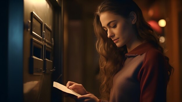 Foto una chica bonita leyendo el correo junto a un buzón tradicional