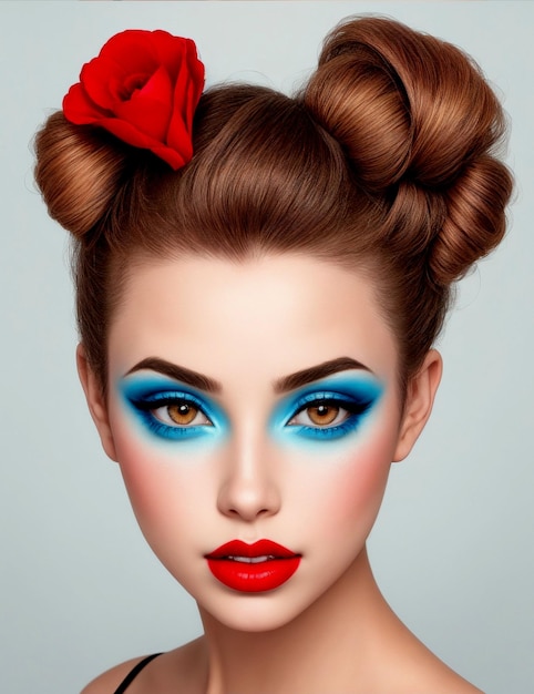 Chica bonita con un peinado inusual maquillaje brillante labios rojos y rostro hermoso