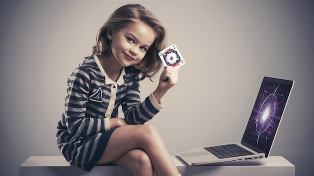 Chica bonita sentada en las piernas sosteniendo una tarjeta y una computadora portátil