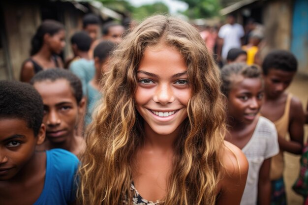 Foto una chica bonita sonriendo a la cámara mientras sus amigos la rodean