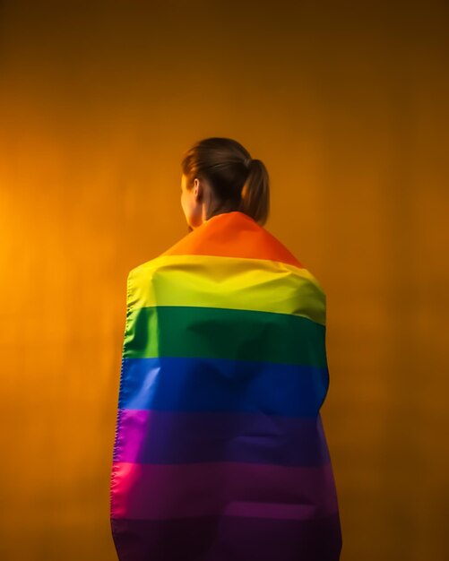 Foto una chica bonita sosteniendo una bandera del orgullo lgbt en sus hombros