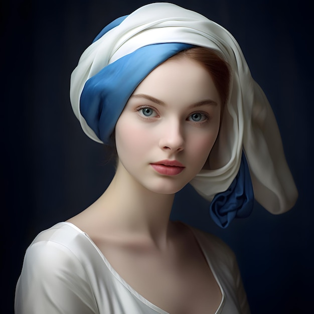 una chica bonita con un vestido blanco de Vermeer una chica con un turbante azul