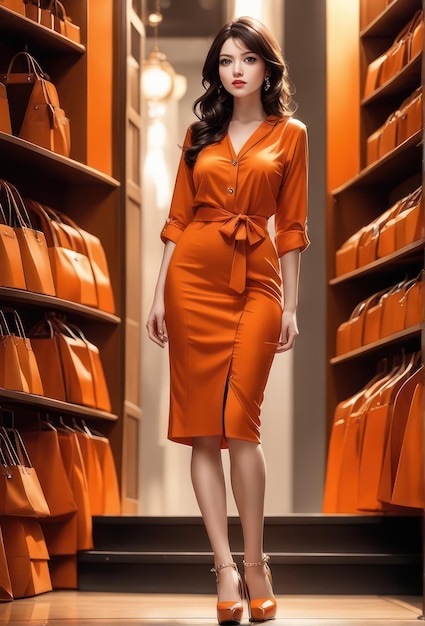 Foto una chica bonita con un vestido de moda naranja y tacones altos