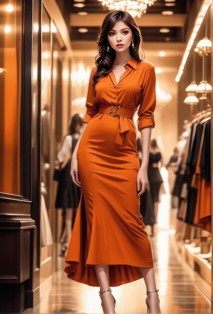 Foto una chica bonita con un vestido de moda naranja y tacones altos