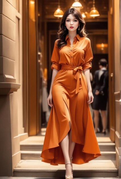 Foto una chica bonita con un vestido de moda naranja y tacones altos