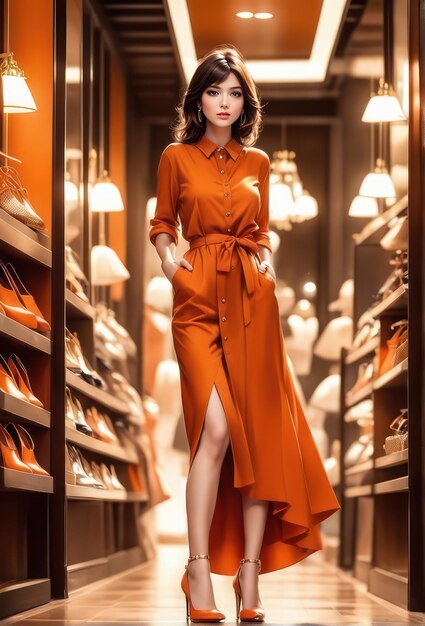 Foto una chica bonita con un vestido de moda naranja y tacones altos