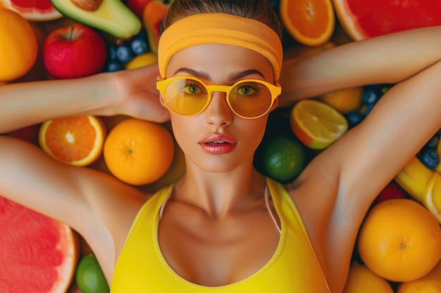 Chica brillante con pañuelo y gafas amarillas yace sobre frutas y cítricos y mira a la cámara