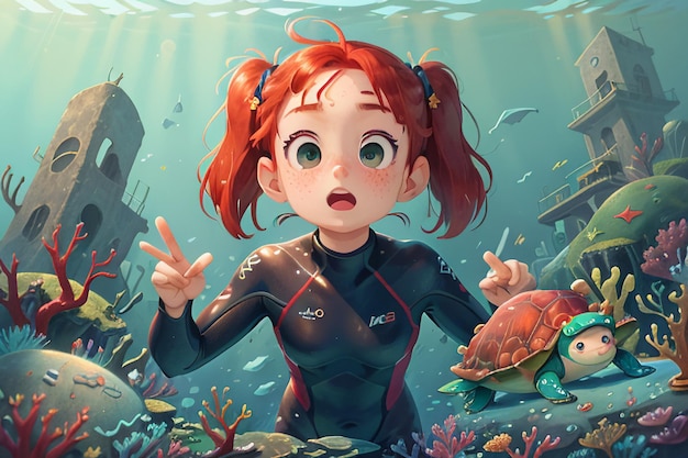 Chica buceando bajo el mar colorido mundo submarino coral peces fondo de pantalla ilustración de fondo