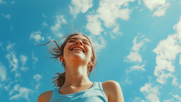 una chica con el cabello en el aire con el cielo en el fondo