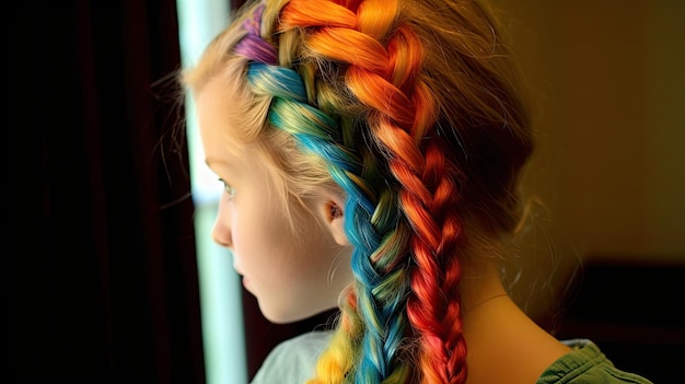 una chica con cabello de arcoíris trenzado en su cabello