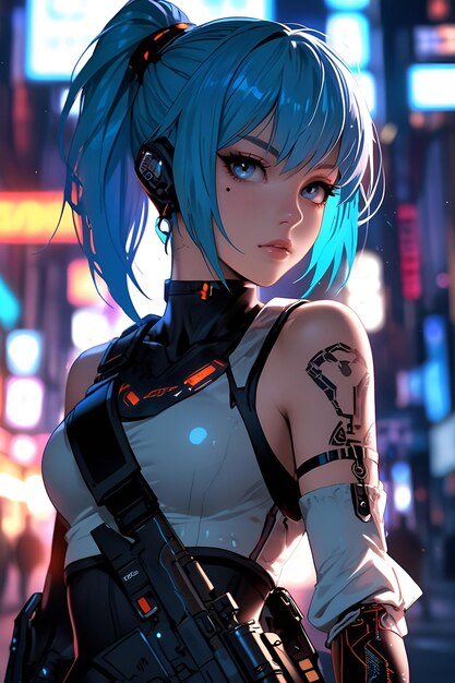 una chica con cabello azul y un cabello azul tiene un tatuaje en su brazo derecho Neon Vanguard Cyber Huntress