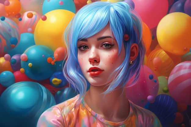 Una chica con cabello azul y una camisa colorida está parada frente a un montón de globos.