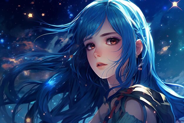 Foto una chica con cabello azul y un cielo azul con estrellas