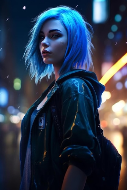 Chica con cabello azul bajo la lluvia