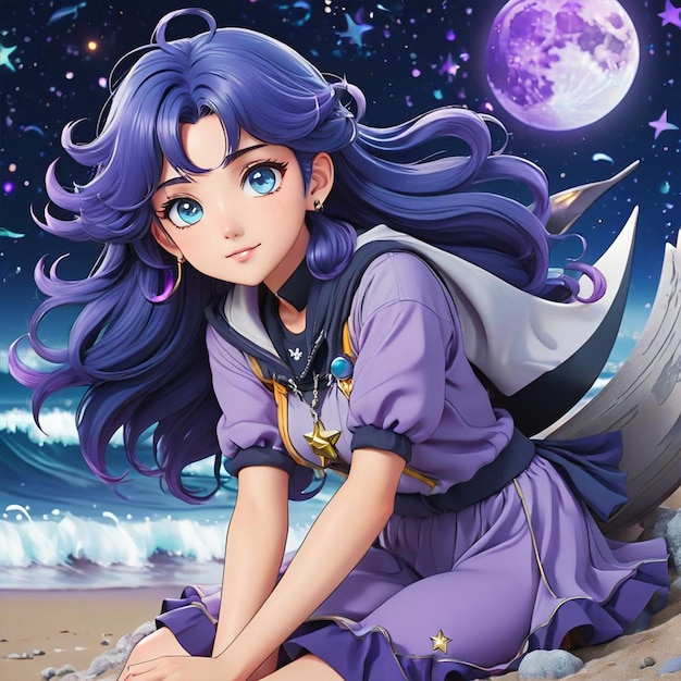 Una chica con el cabello azul y una luna en el fondo