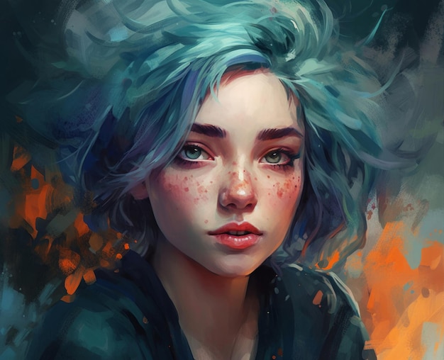 Una chica de cabello azul y pecas se sienta frente al fuego.