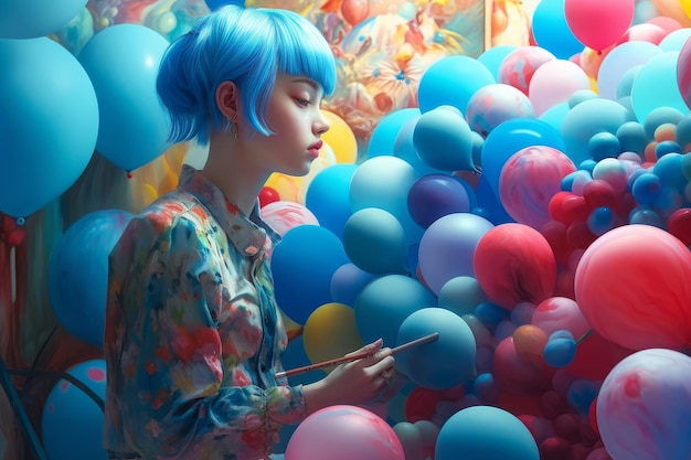 Una chica con cabello azul y una peluca azul está de pie frente a un montón de globos.