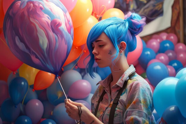 Una chica con cabello azul sosteniendo un globo de colores frente a una pared de globos.