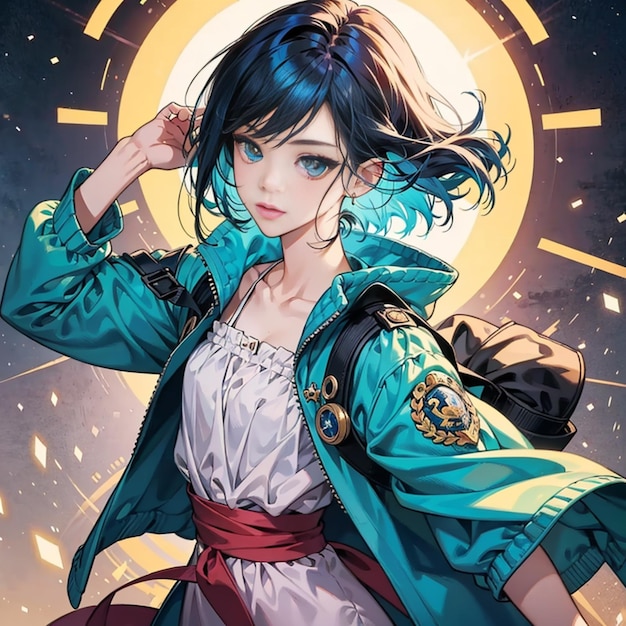 una chica con el cabello brillante y una chaqueta azul mira a la cámara inspirada en el anime digital Yuumei