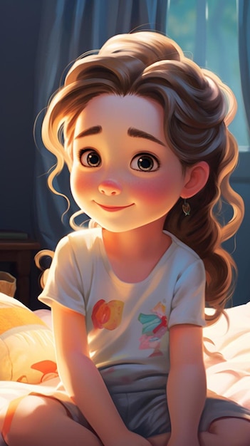 una chica de cabello castaño y camisa blanca está sentada en una cama con una almohada y una foto de una chica con una gran sonrisa.