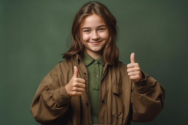 Una chica con cabello castaño y una camisa verde levanta los pulgares