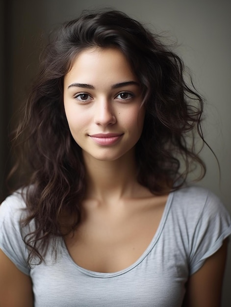 Una chica con cabello castaño largo y una camisa blanca.