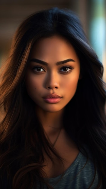 Una chica con cabello castaño largo y un collar.