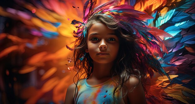 una chica con cabello colorido y una diadema colorida está parada frente a un fondo colorido.