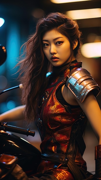 una chica con cabello largo y una camisa roja está de pie frente a una motocicleta