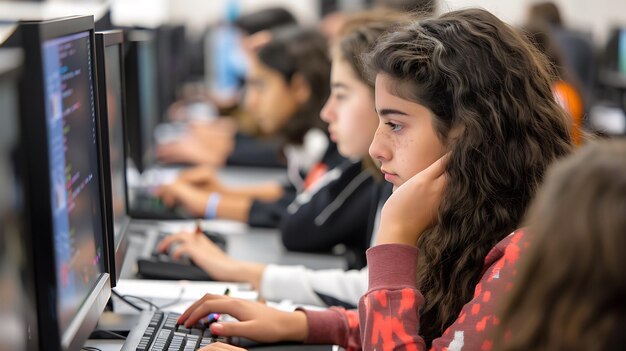 una chica con el cabello largo está mirando un teclado de computadora