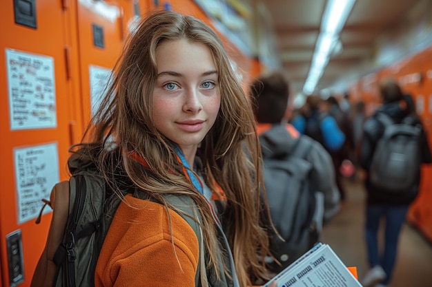Una chica de cabello largo está de pie en un pasillo con otros estudiantes