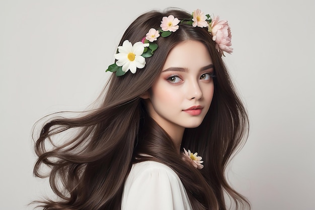 Una chica con el cabello largo y una flor en el cabello