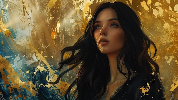 una chica con el cabello largo y un fondo dorado