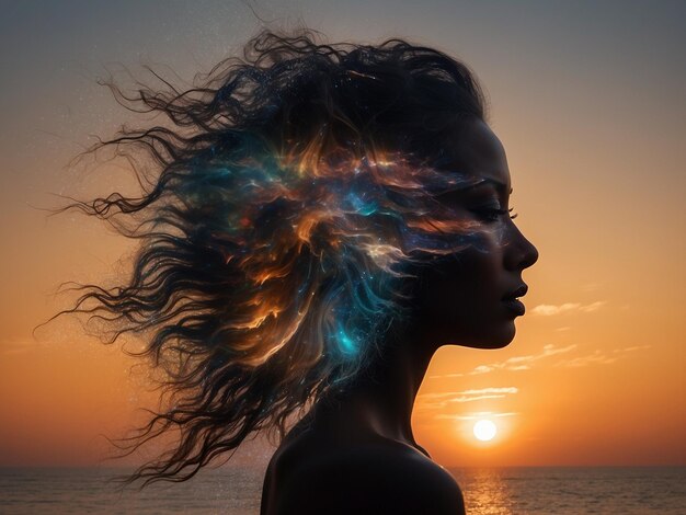 Foto una chica de cabello largo está mirando la puesta de sol