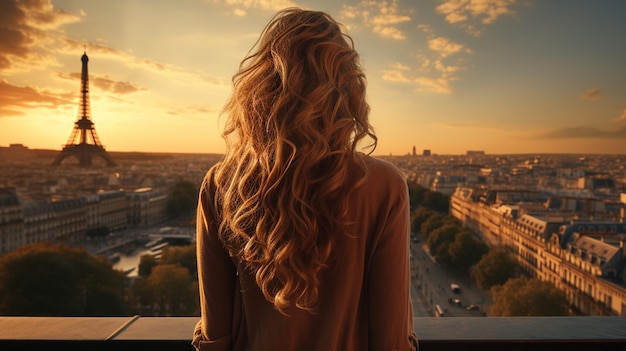 Chica con cabello largo y rubio contra la torre Eiffel Ai generativo