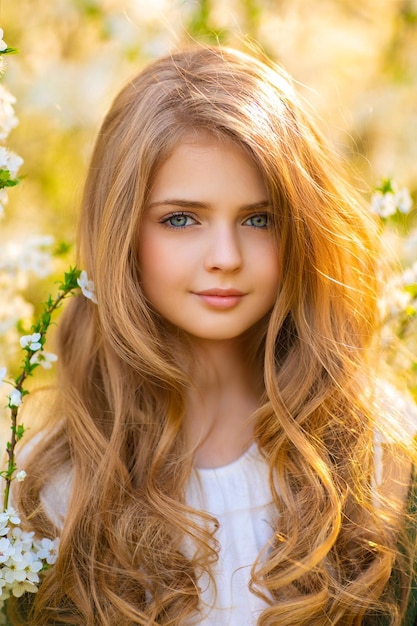 Una chica con cabello largo y rubio y ojos azules se encuentra en un campo de flores.