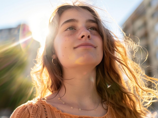 La chica con el cabello marrón y el collar está sonriendo a la cámara El collar tiene un colgante de corazón y está colgando alrededor de su cuello