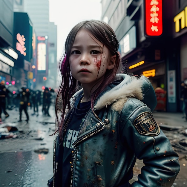 Una chica con cabello morado se para bajo la lluvia frente a una tienda que dice timex.