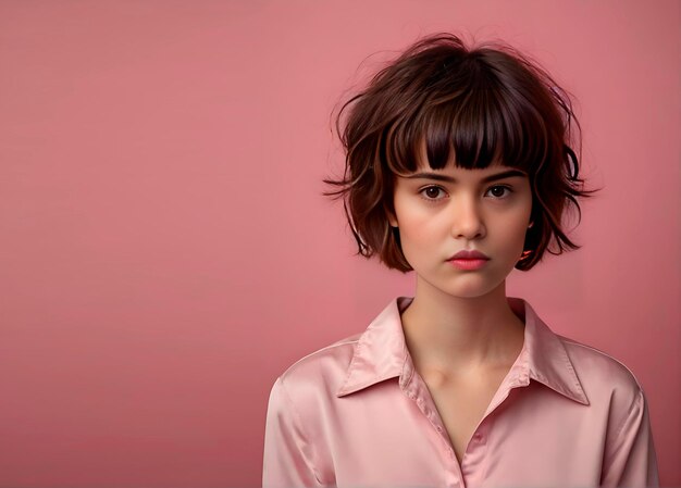 chica con el cabello muy corto aislado en un fondo rosa copia espacio foto de estudio