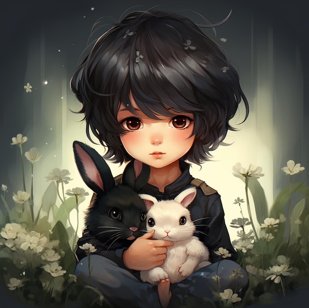 una chica de cabello negro sosteniendo un conejo y un conejito en la hierba.