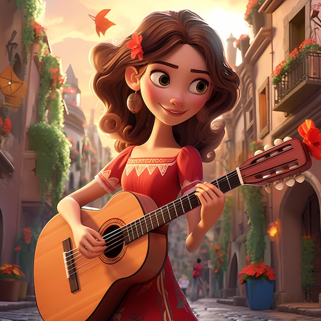 chica de cabello oscuro en un vestido rojo toca la guitarra en el centro de la ciudad vieja 3D