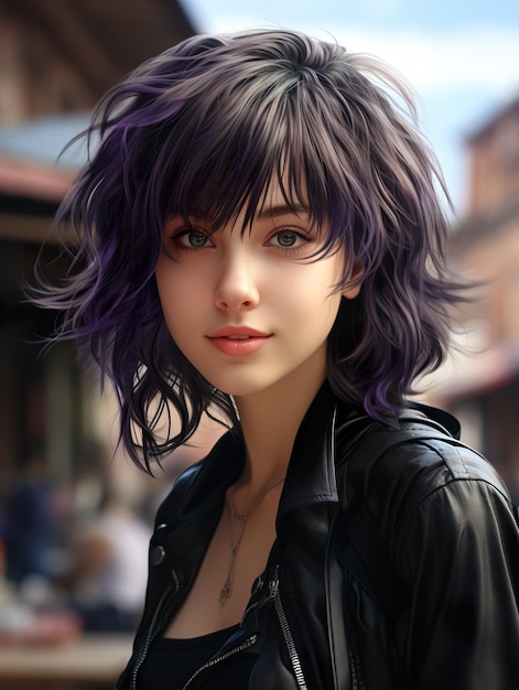una chica con cabello púrpura y un corte de pelo púrpura