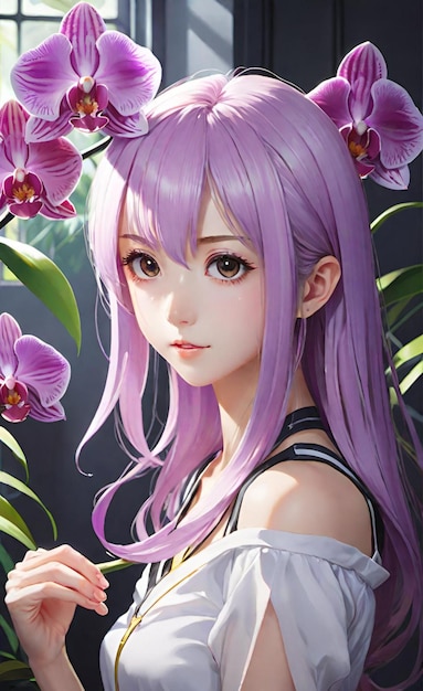una chica con cabello púrpura y un vestido blanco con flores en el cabello