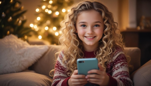 una chica con el cabello rizado está mirando un teléfono y el árbol de Navidad detrás de ella