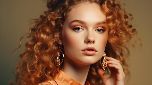 Una chica con cabello rojo y aretes de oro.