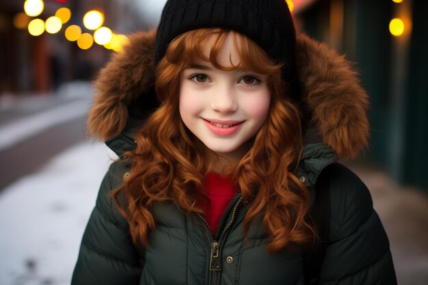 una chica de cabello rojo con una chaqueta verde y una gorra