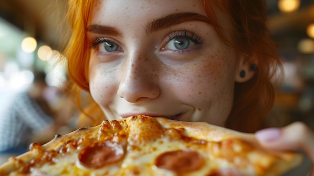 una chica de cabello rojo está comiendo una pizza