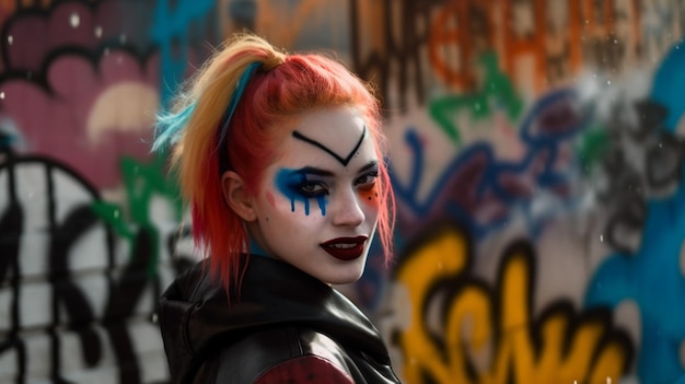 Una chica con cabello rojo y maquillaje azul y negro se para frente a una pared de graffiti.